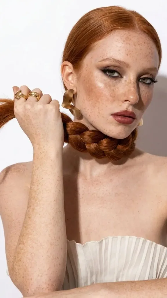 Beauty editorial photography, red haired model with braided hair and gold jewellery shot in a North East photography studio near Newcastle
