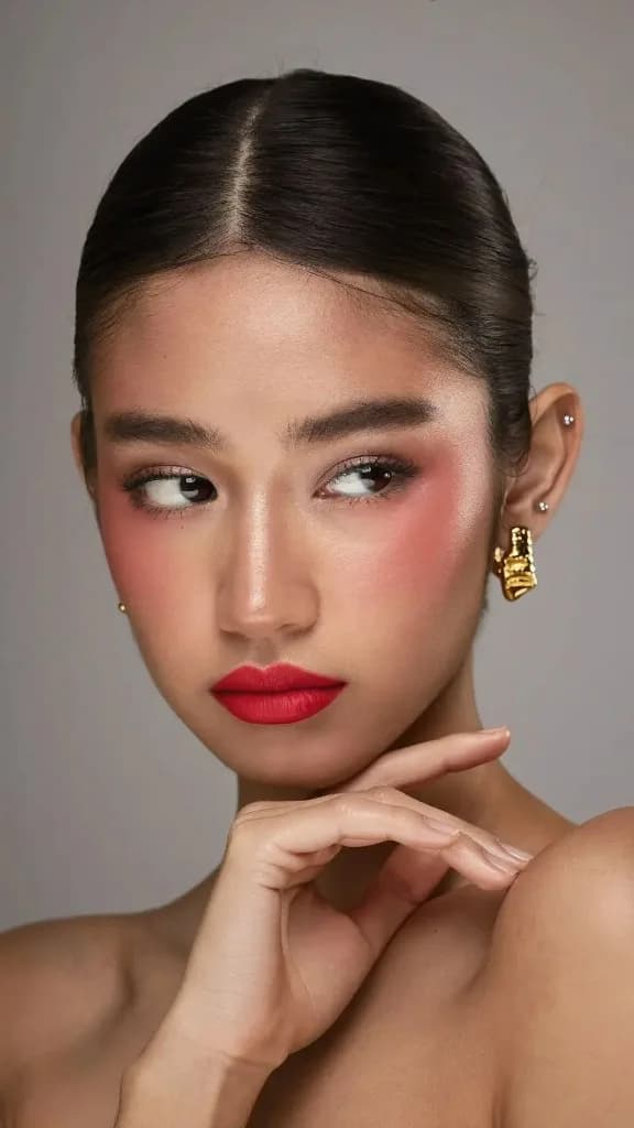 Beauty makeup photography, model with bold red lips, rosy blush and gold earrings shot for an MUA portfolio