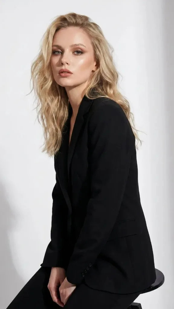 Professional headshot photography, blonde model in a black blazer photographed against a white wall, Newcastle studio