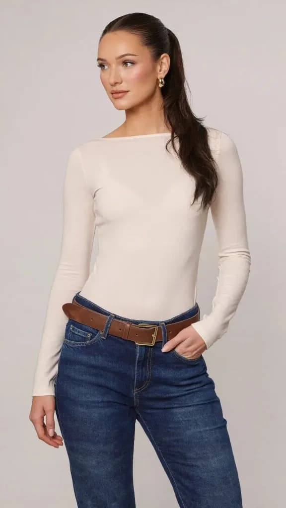 Ecommerce clothing photography, model in a cream long sleeve top and jeans with a brown leather belt on a clean studio backdrop