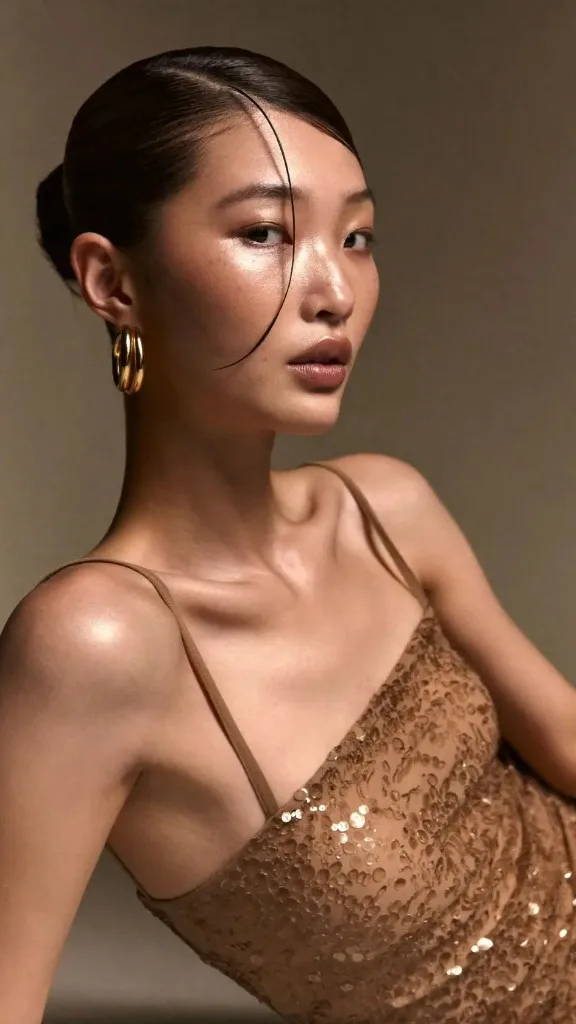 Evening wear fashion photography, model in a gold sequin dress with gold hoop earrings under warm studio lighting