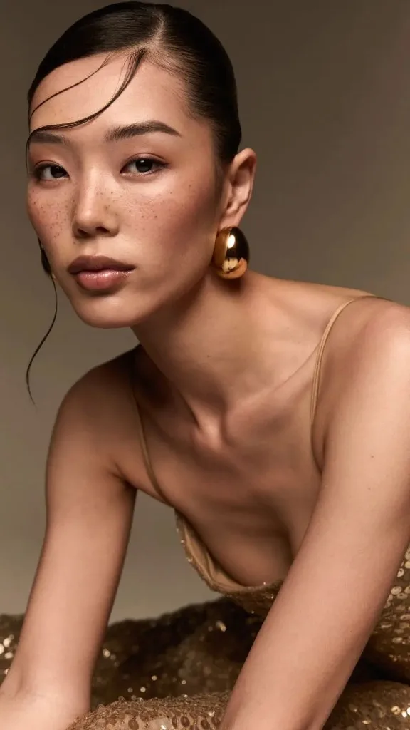 Fashion editorial, sequin gown and statement gold earring photographed with cinematic studio lighting at Module Studios