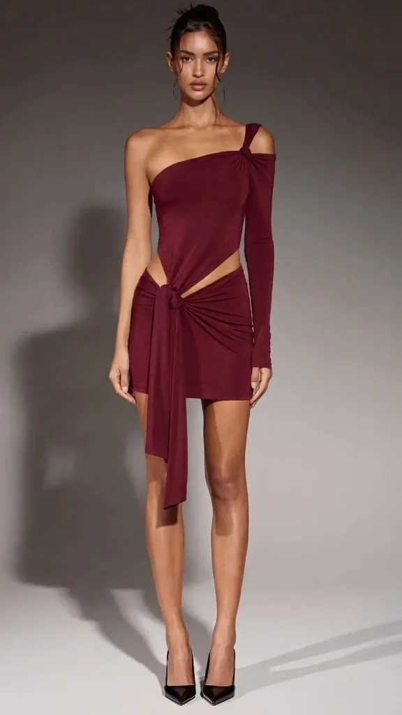 Fashion photography, model in a burgundy one shoulder knotted mini dress photographed full length in the studio