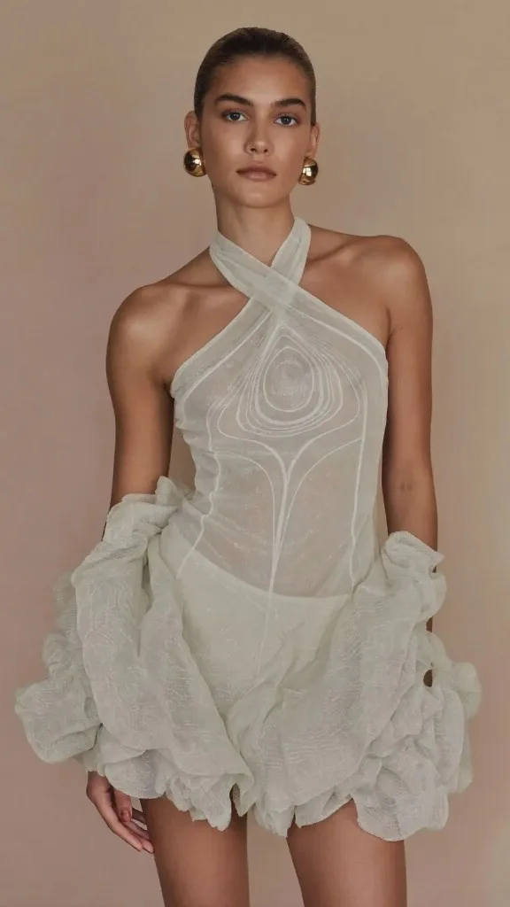 Fashion photography, model in a sheer white halter mini dress with ruffled skirt and gold earrings on a beige backdrop