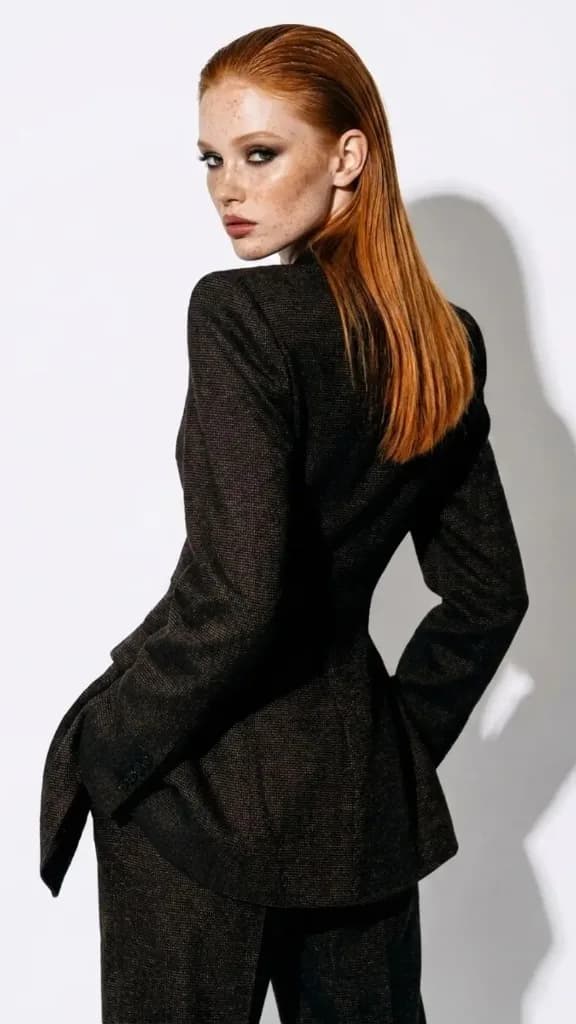 Fashion tailoring shoot at Module Studios, model in a dark tweed blazer photographed against a white studio backdrop in the North East
