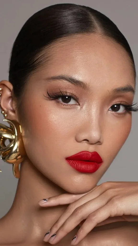 MUA portfolio photography, close beauty portrait with bold red lip and sculpted lashes, Newcastle photography studio